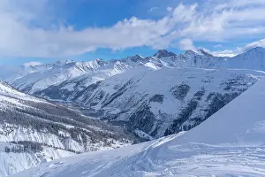 Courmayeur Prints: View of snow covered Aosta Valley from Pavillon du Mont Frety in winter