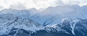 Courmayeur Prints: View of snow covered Aosta Valley from Pavillon du Mont Frety in winter