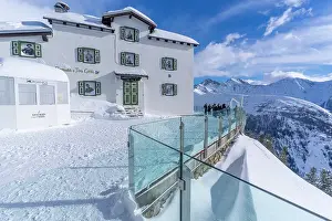 Aesthetic Prints: View of snow covered Aosta Valley from refuge cabin at Pavillon du Mont Frety in winter