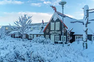 Wintry Prints: View of snow covered Fjorukrain Viking Restaurant and museum in winter