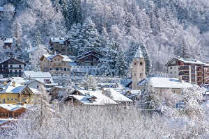 Chalet Prints: View of snow covered trees and Courmayeur from Dolonne in winter