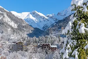 Cabins Prints: View of snow covered trees, mountains and Courmayeur from Dolonne in winter