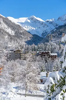 Lodge Prints: View of snow covered trees, mountains and Courmayeur from Dolonne in winter