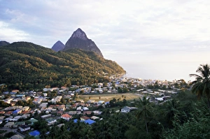 Saint Lucia Prints: View over Soufriere and the Pitons in the background, St