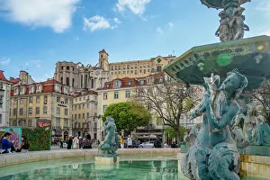 Fountains Prints: View of South Fountain in Praca do Rossio and Carmo Archaeological Museum