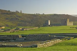 Vindolanda Prints: View south to reconstruction, Roman settlement and fort at Vindolanda, Roman Wall south