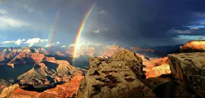 Grand Prints: View from South Rim shows the Grand Canyon with rainbows after a storm in Arizona, USA