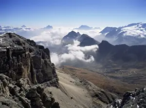 View southeast from top of Sella Group to Passo Pordoi road in valley
