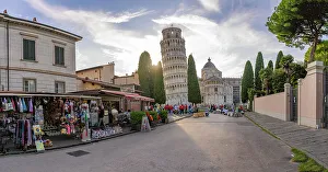 Pisa Prints: View of souvenir stalls and Leaning Tower of Pisa at sunset