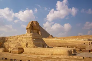 Marvels Prints: View of the Sphinx at the Pyramids of Giza on a sunny day, Giza, Cairo, Egypt, Africa