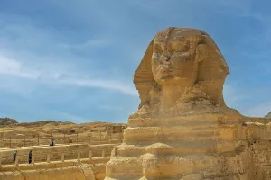 Enigma Prints: View of the Sphinx at the Pyramids of Giza on a sunny day, Giza, Cairo, Egypt, Africa
