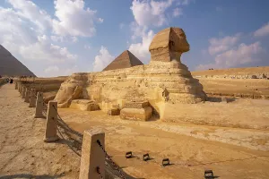 Pharaoh Prints: View of the Sphinx at the Pyramids of Giza on a sunny day, Giza, Cairo, Egypt, Africa