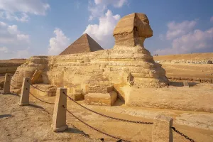 Preserved Prints: View of the Sphinx at the Pyramids of Giza on a sunny day, Giza, Cairo, Egypt, Africa