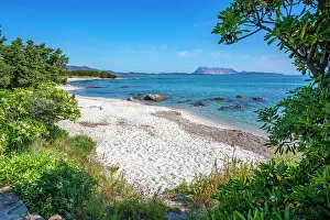 View of Spiaggia Cala d'Ambra beach and Isola di Tavolara in background, San Teodoro, Sardinia, Italy, Mediterranean, Europe