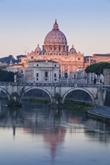 Basillica Prints: View of St. Angelo bridge over the River Tiber, and St. Peters Basilica, Rome, Lazio