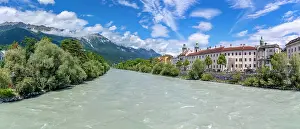 Innsbruck Prints: View of St. Jakob Cathedral and colorful buildings by River Inn on a summer day in Innsbruck