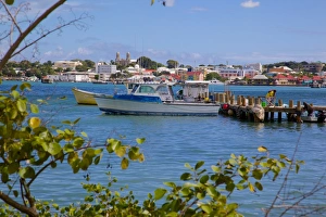 View of St. Johns from Harbour, St. Johns, Antigua, Leeward Islands, West Indies, Caribbean, Central America