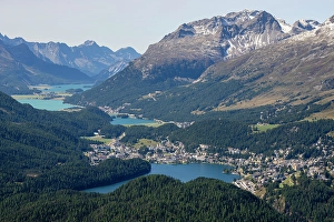 Swiss Prints: View of St. Moritz and the Engadin lakes from top of Muottas Muragl