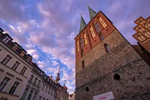 Nicholas Church Prints: View of St. Nicholas Church at sunset, Nikolai District, Berlin, Germany, Europe