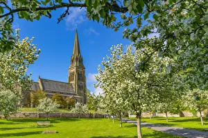 View of St. Peters Church and spring blossom, Edensor Village, Chatsworth Park