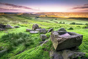 Contrast Collection: View over Stanage Edge millstones at sunrise, Peak District National Park, Derbyshire