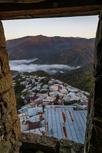 Overlook Prints: View from a stone overlook showing Kubachi town in Dagestan