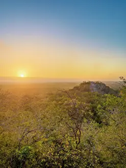 Campeche Prints: View towards Structure I at sunrise, Calakmul Archaeological Site, Campeche State, Mexico