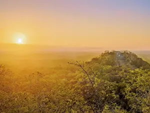 Campeche Prints: View towards Structure I at sunrise, Calakmul Archaeological Site, Campeche State, Mexico