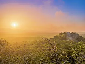 Experiences Prints: View towards Structure I at sunrise, Calakmul Archaeological Site, Campeche State, Mexico