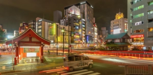 Pedestrians Prints: View of subway entrance in Asakusa at night, Asakusa, Taito City, Tokyo, Honshu, Japan