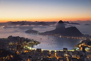 Pao De Acucar Prints: View of Sugarloaf Mountain and Botafogo Bay at dawn, Rio de Janeiro, Brazil, South America