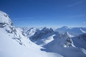 View From Above Prints: View from summit of Valluga in St. Anton am Arlberg in winter snow, Austrian Alps