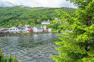 Fjord Prints: View of Sunnylven church and colourful houses in Hellesylt