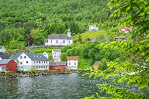Fjord Prints: View of Sunnylven church and colourful houses in Hellesylt