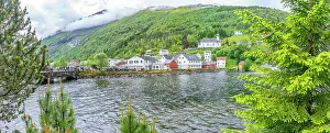 Fjord Prints: View of Sunnylven church and colourful houses in Hellesylt