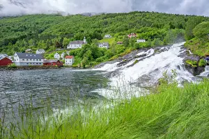 Waterfalls Prints: View of Sunnylven church and Hellesylt waterfall in Hellesylt