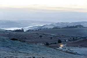 Powys Prints: A view at sunrise towards The Brecon Beacons National Park, Powys, Wales, United Kingdom