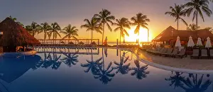 Swimming Pool Prints: View of sunrise and palm tree reflections in hotel pool near Puerto Morelos