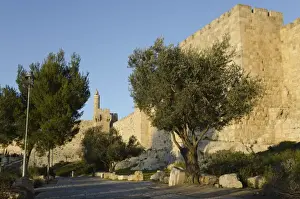 View at sunset of the city walls promenade with Tower of David in background, Old City, Jerusalem, Israel, Middle East