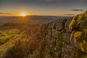 Baslow Prints: View of sunset from dry stone wall on Baslow Edge, Baslow, Peak District National Park