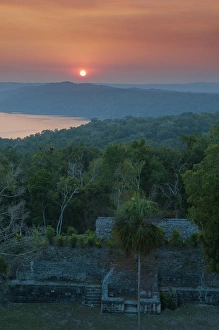 Yaxha Prints: View of sunset over Lake Yaxha from Temple 216, Yaxha, Guatemala, Central America