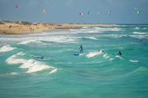 Surfboard Prints: View of surfboarders and the Atlantic Ocean
