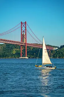 Cruise Prints: View of Tagus river 25 April Bridge on a sunny day, Lisbon, Portugal, Europe