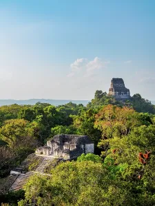 Indigenous Prints: View over Talud-Tablero Temple towards Temple IV from Structure 5C-49 in Tikal
