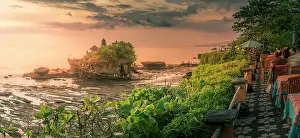 Bali Prints: View of Tanah Lot, traditional Balinese temple at sunset