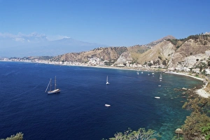 Mount Etna Prints: View of Taormina with Mount Etna in the background, Giardini Naxos, Sicily, Italy, Europe