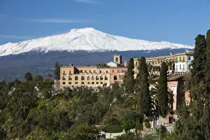 Mount Etna Prints: View over Taormina and Mount Etna with Hotel San Domenico Palace, Taormina