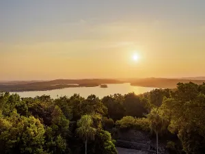 Tones Prints: View from Temple 216 at East Acropolis during sunset over Yaxha Lake in Guatemala