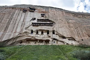 Grotto Prints: Front view of a temple hollowed in the mountain, Ganzu, China, Asia