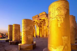 Pillars Prints: View of the Temple of Horus at dusk, Edfu, Egypt, North Africa, Africa